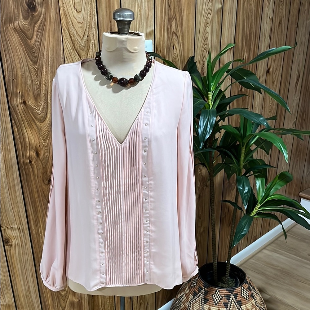 WHBM Pink Pleated Long Sleeve Blouse